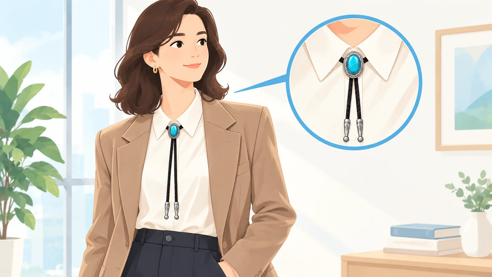 Wanita memakai bolo tie dengan blus dan blazer