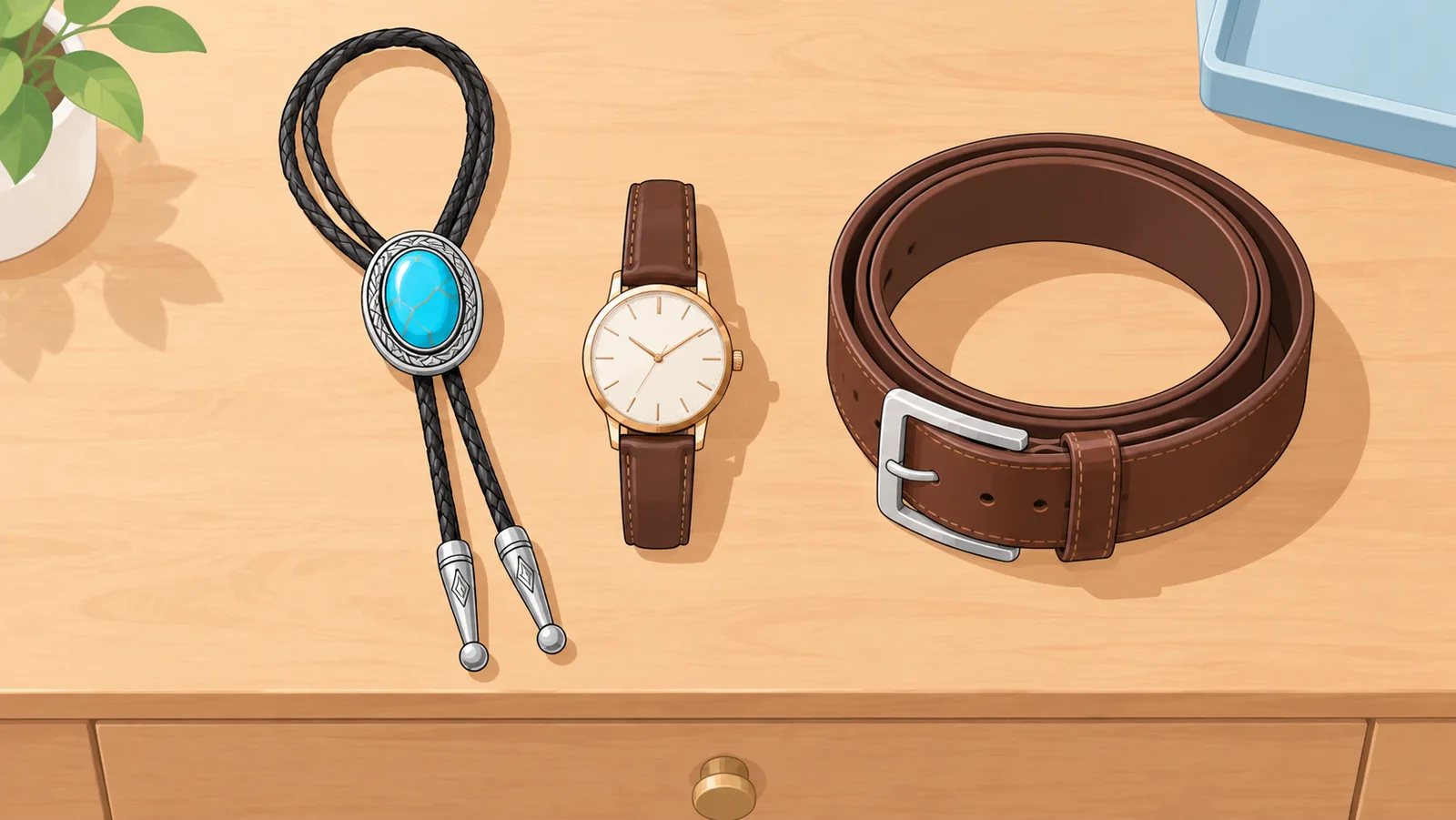Bolo tie dengan aksesori lain yang sederhana