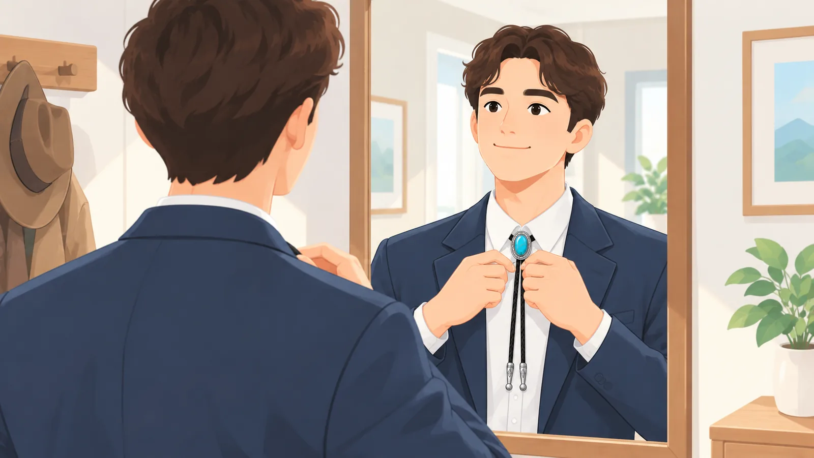 Pemeriksaan akhir posisi slide bolo tie di depan cermin