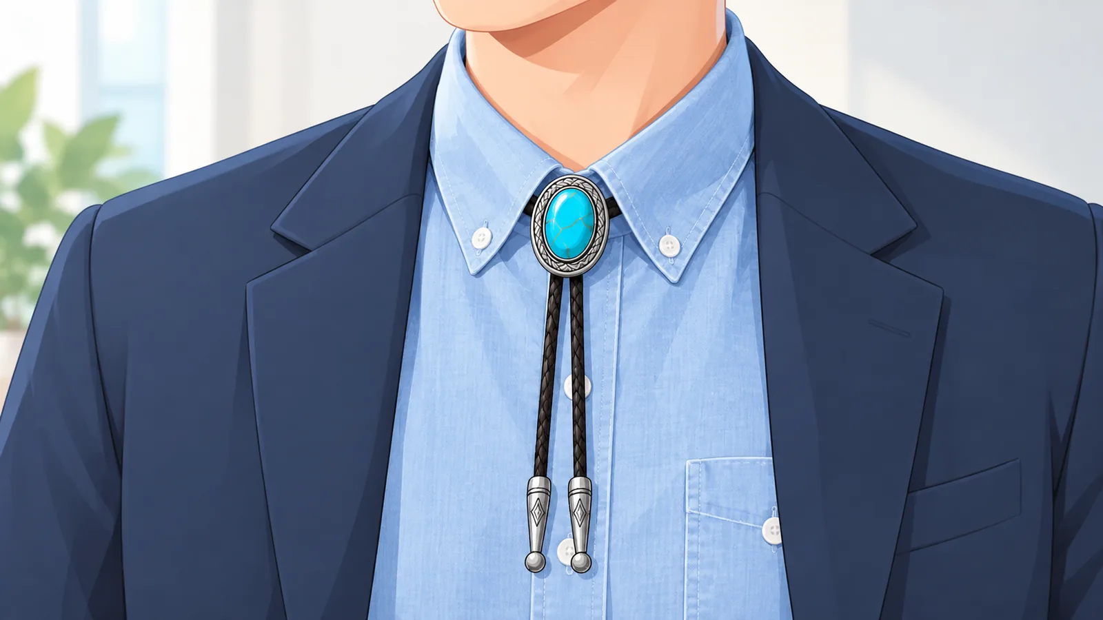Bolo tie dengan slide dekoratif dipakai pada kemeja