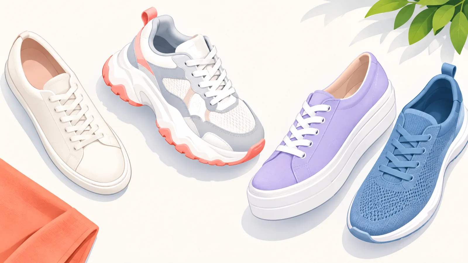 Beberapa sneakers wanita dengan siluet ramping, chunky, dan platform di latar netral