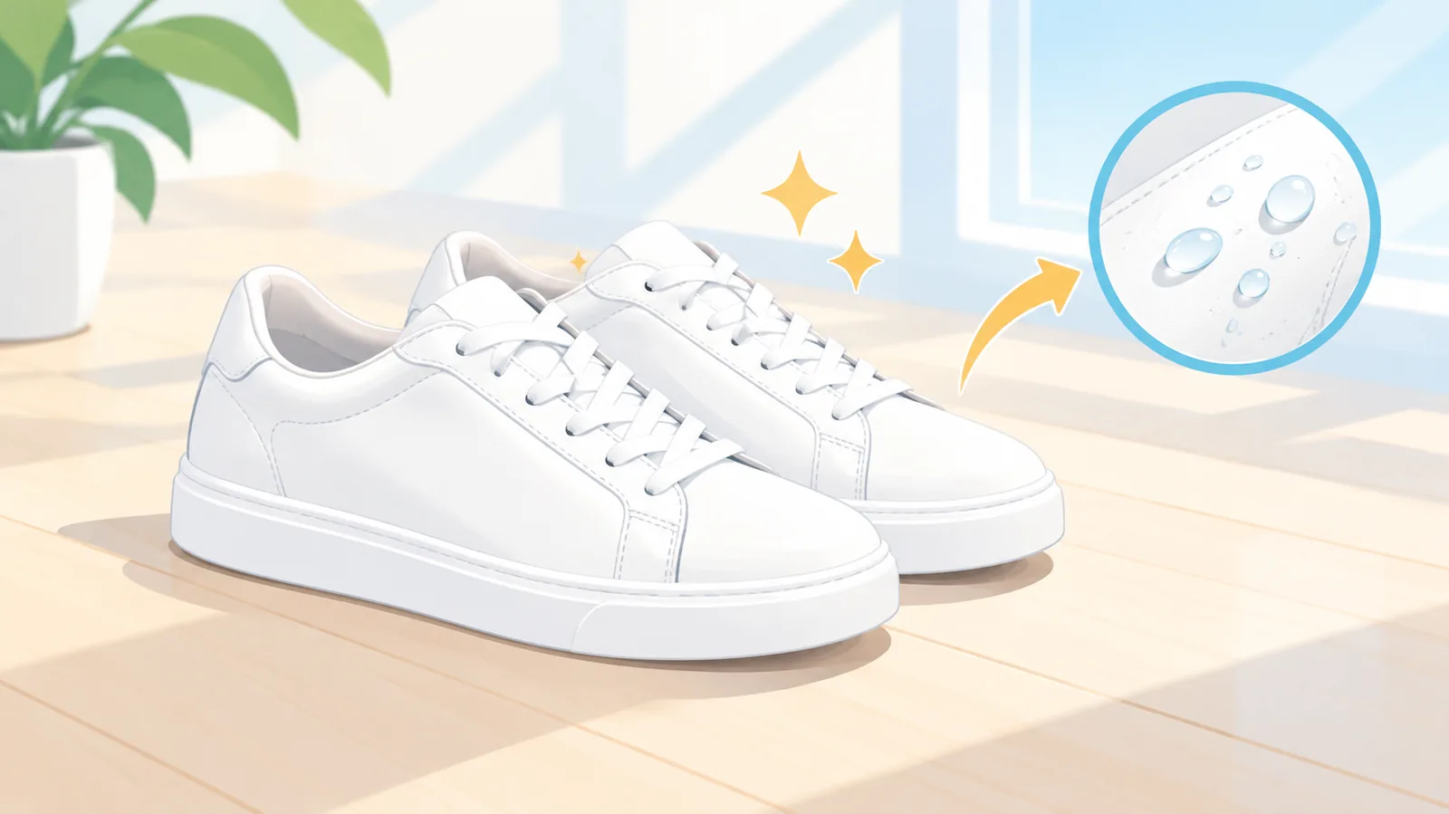 Sepasang sneakers putih kulit wanita di lantai kayu terang