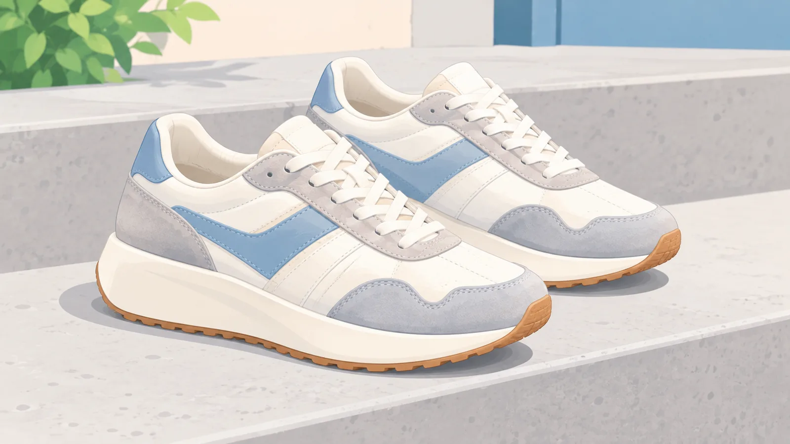 Sneakers retro bersiluet rendah di anak tangga beton