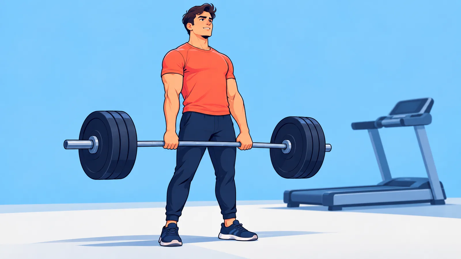 Seseorang selesai mengangkat beban di gym dengan treadmill di latar belakang