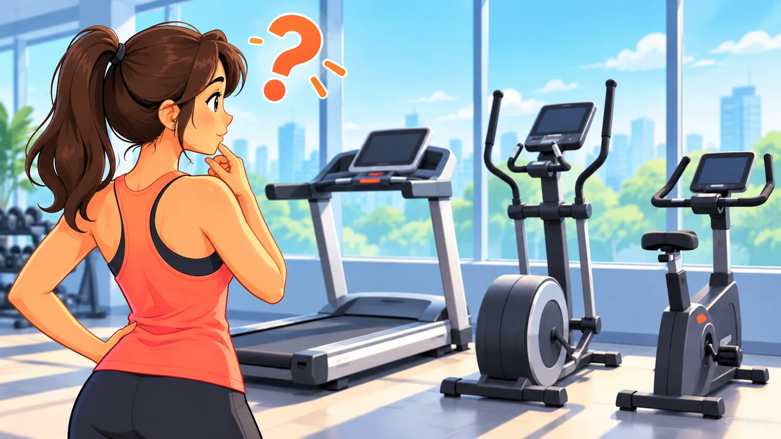 Orang berdiri di gym sambil melihat deretan mesin kardio