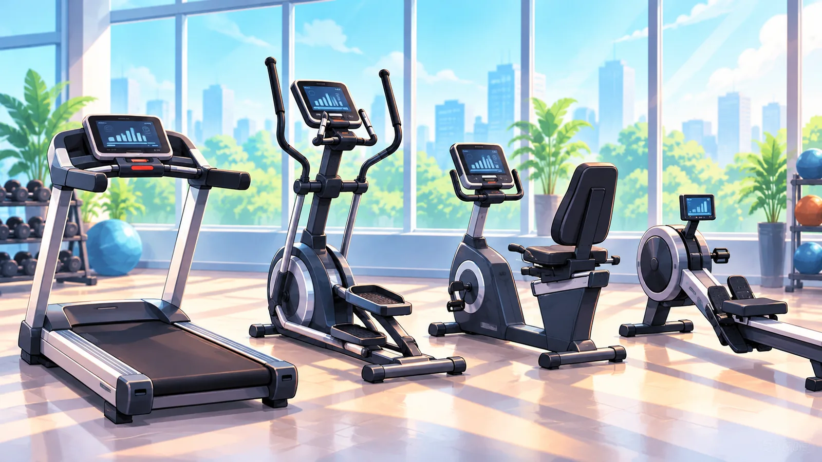 Treadmill, elliptical, sepeda recumbent, dan rowing berjajar di gym