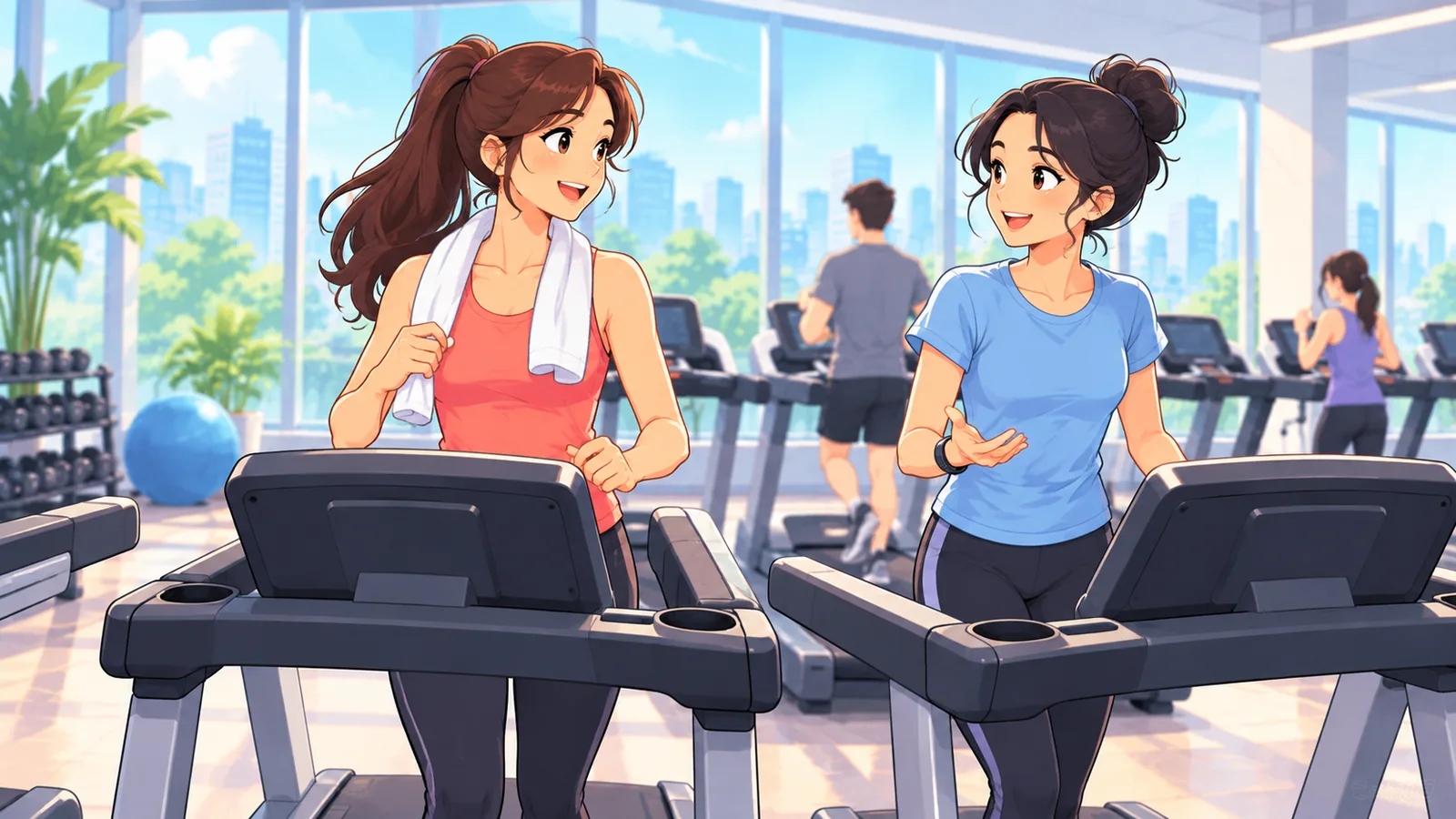 Pemula berjalan santai di treadmill sambil mengobrol