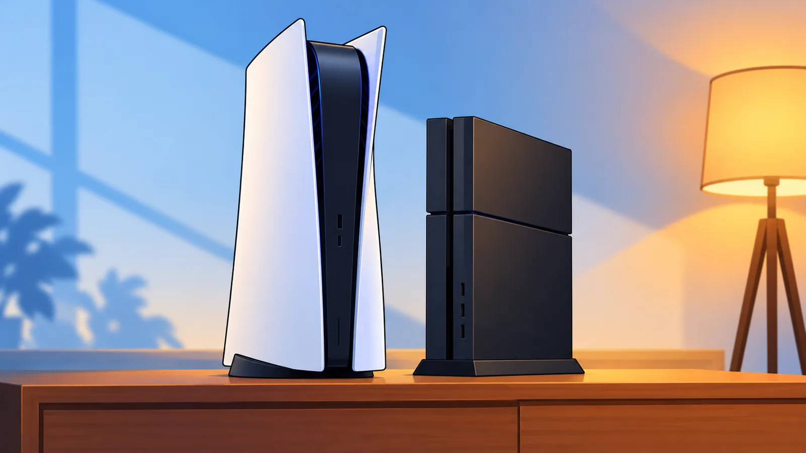 PS5 dan PS4 berdampingan di meja ruang keluarga