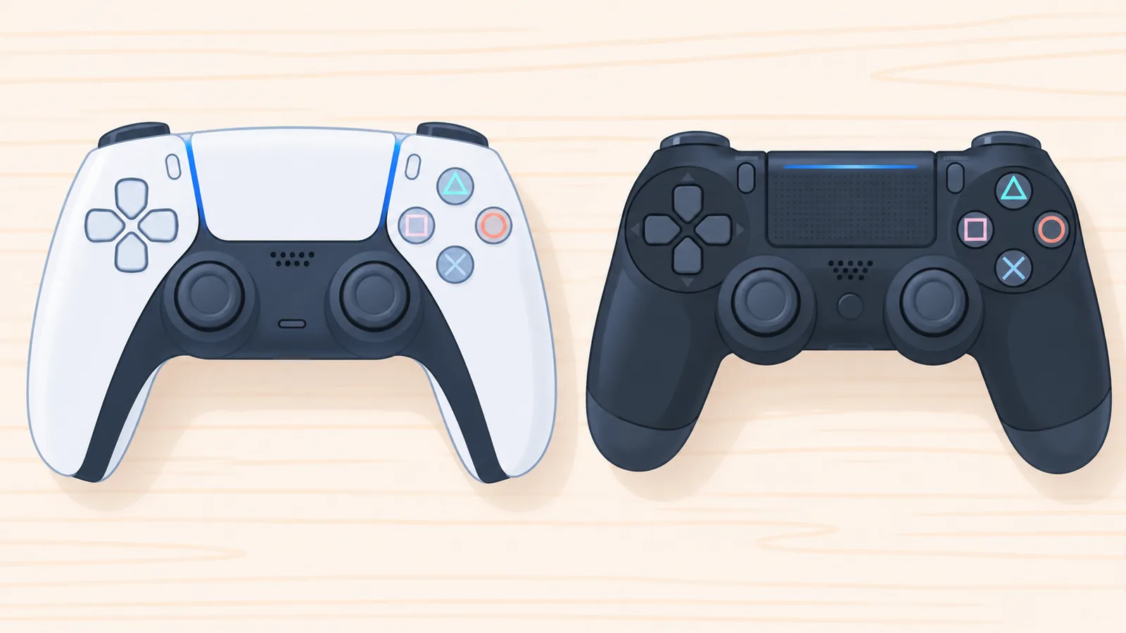 Controller PS5 dan PS4 berdampingan di atas meja kayu