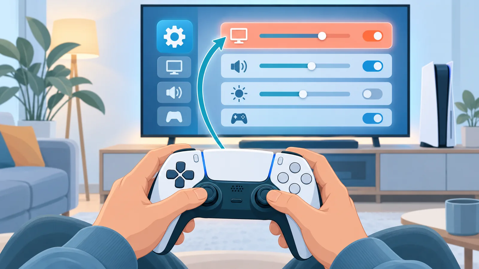 Tangan memegang controller PS5 dengan menu pengaturan di layar TV