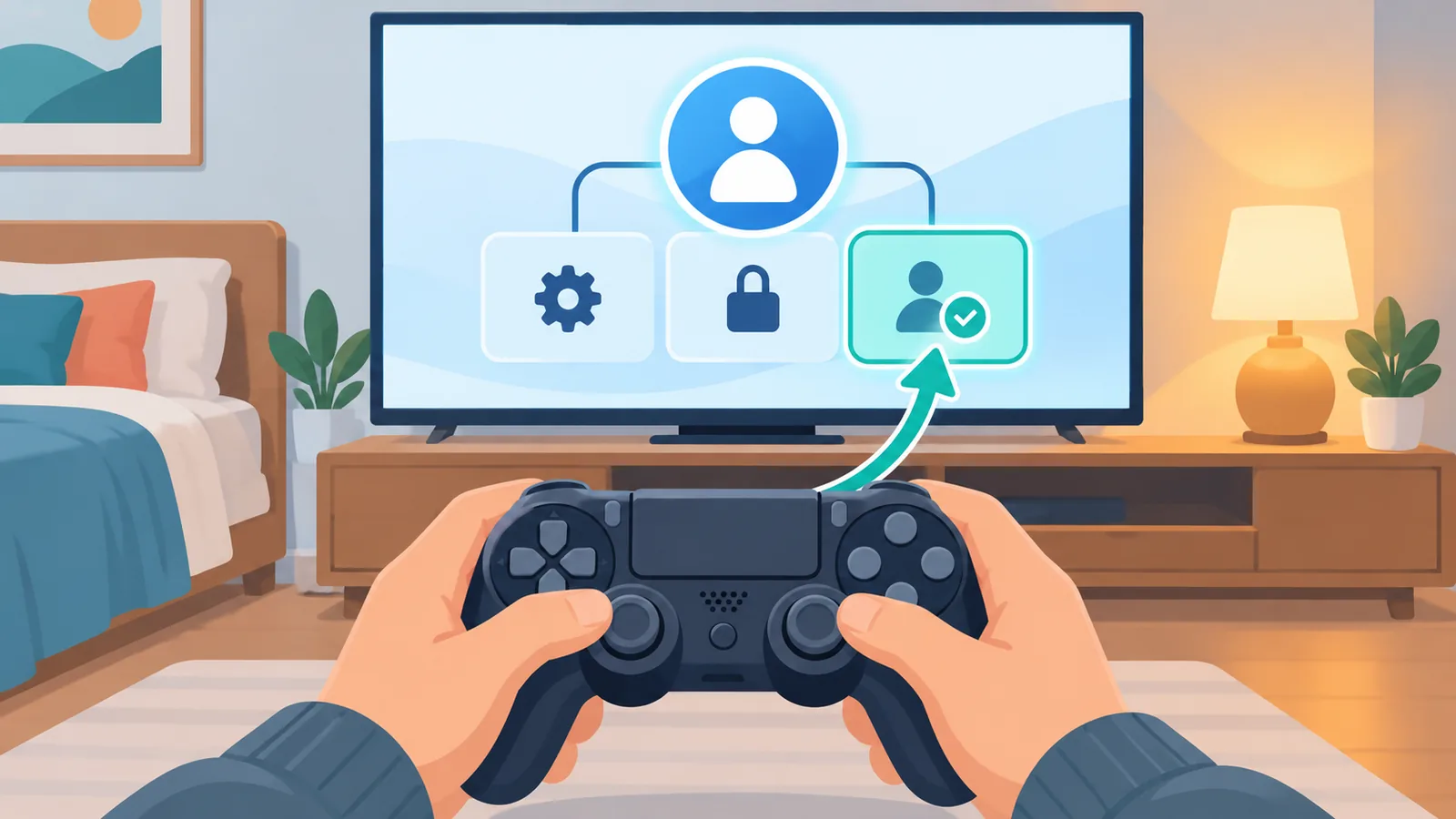 Menu manajemen akun PS4 di layar TV