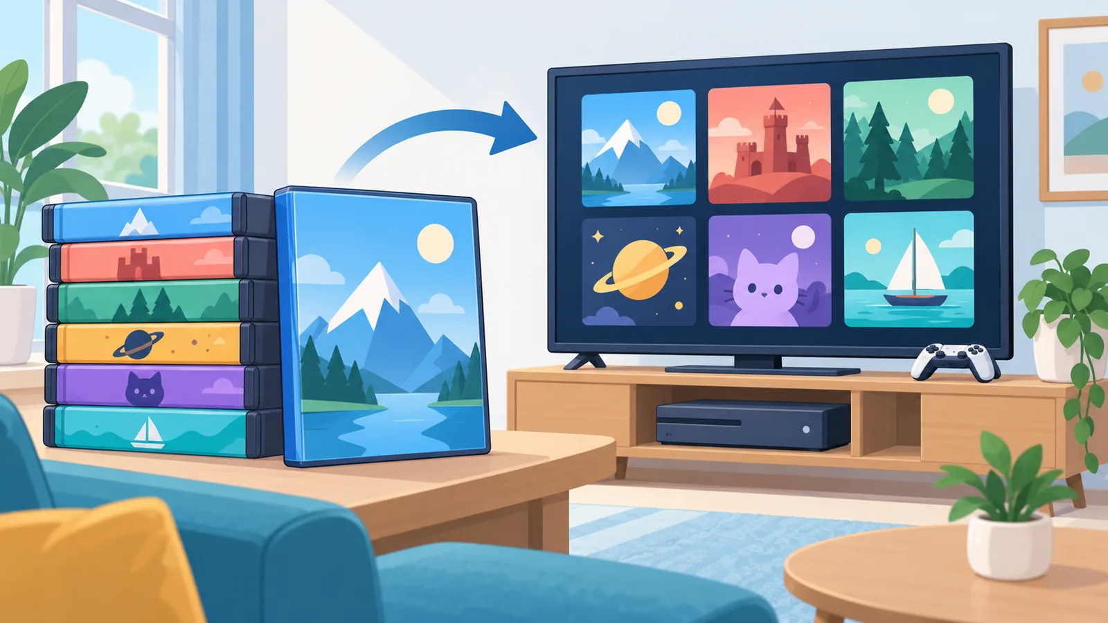 Tumpukan kotak game dan perpustakaan digital di TV