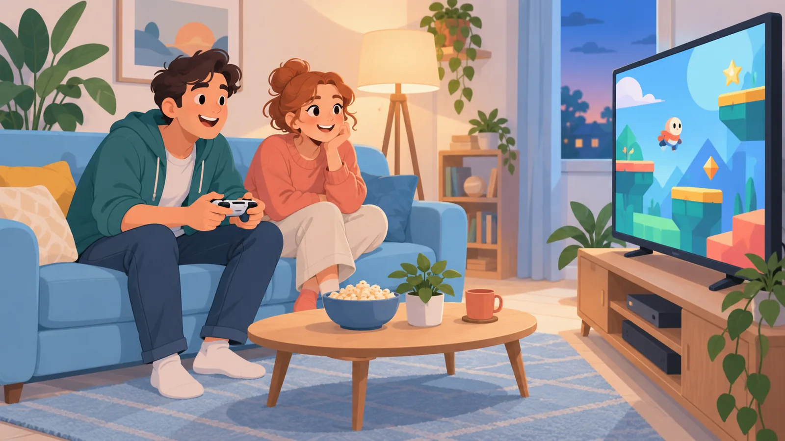 Dua teman bermain game bersama di sofa