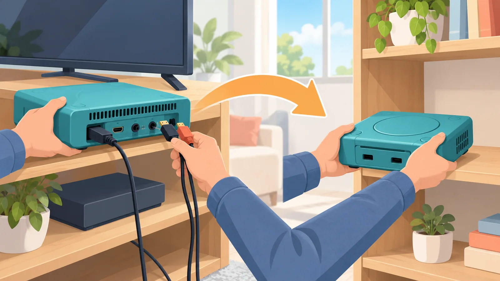 Tangan memindahkan konsol game ke rak lain
