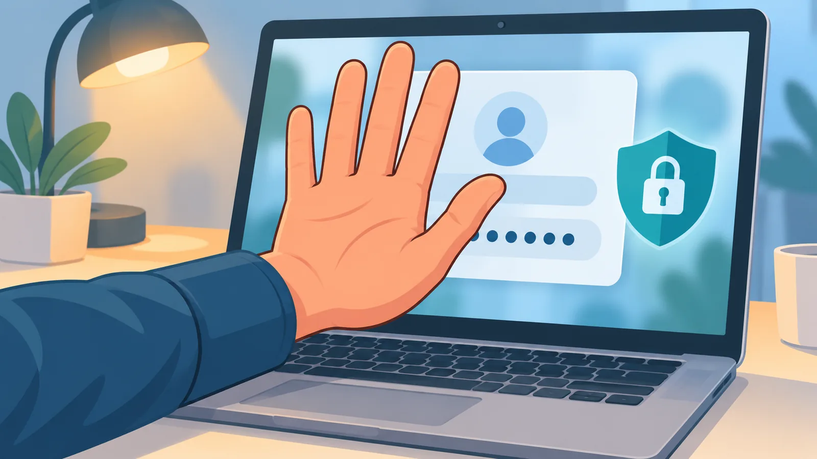 Tangan menutupi layar login dengan kolom kata sandi