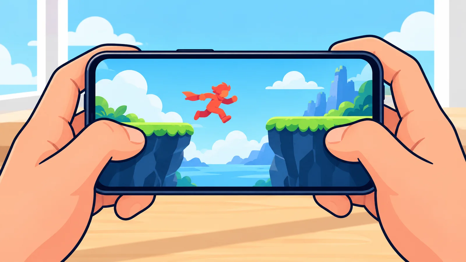 Tangan memegang iPhone yang menampilkan game bergaya konsol