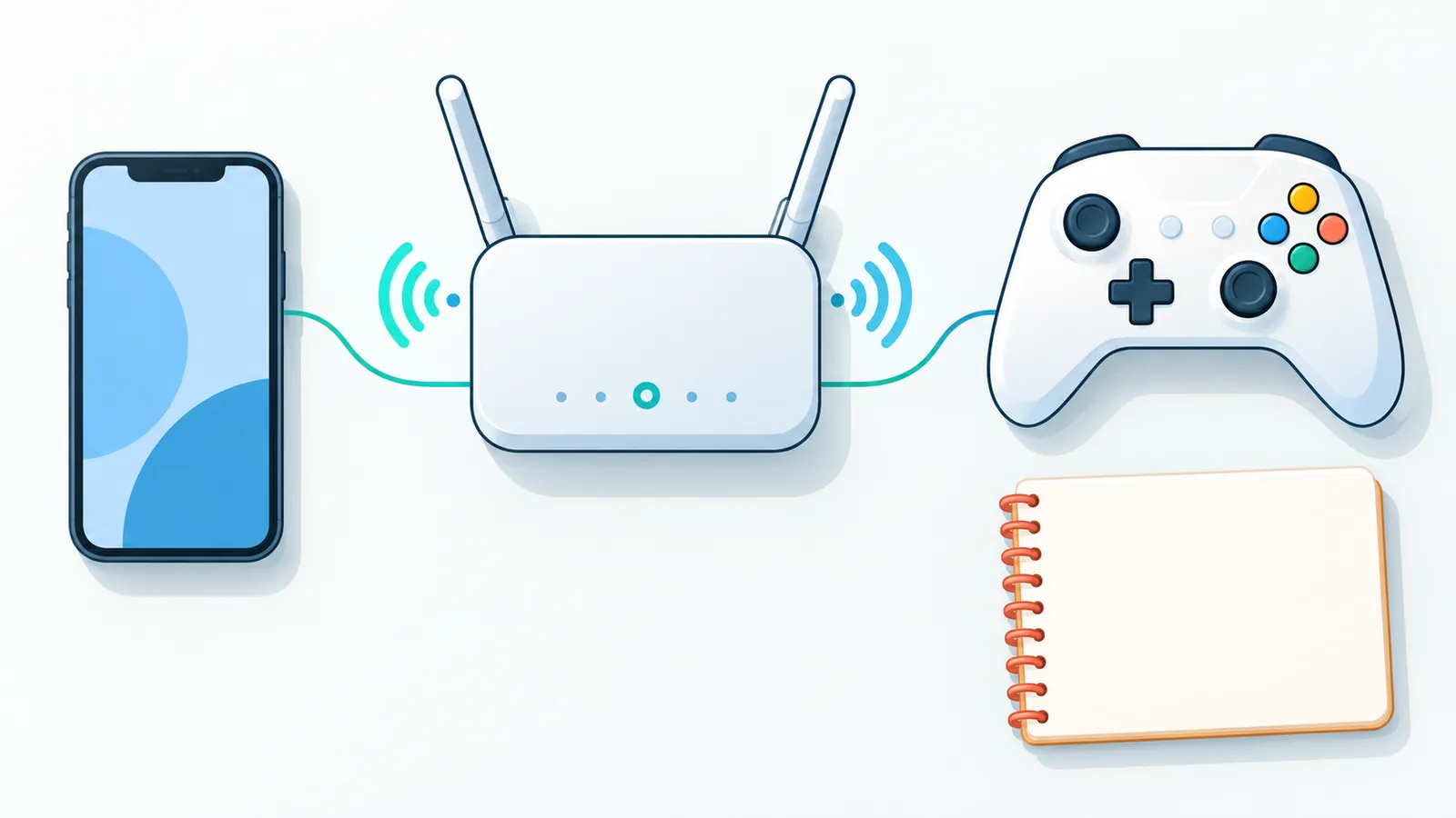 iPhone, router Wi-Fi, dan controller Xbox di atas meja