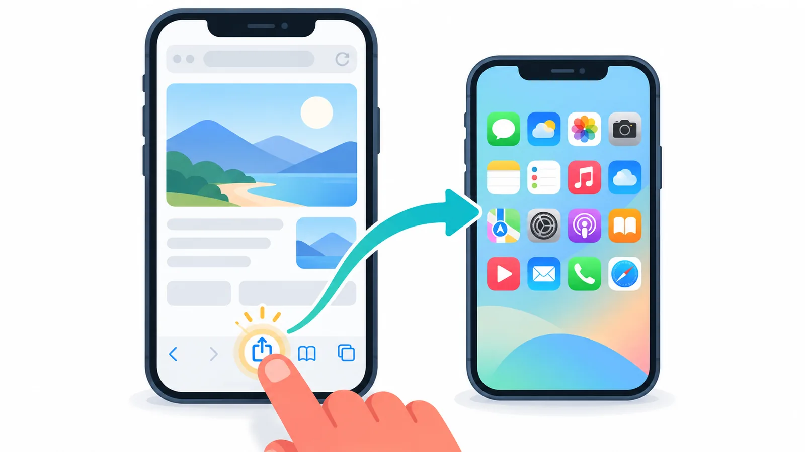 Jempol mengetuk ikon Bagikan di Safari iPhone