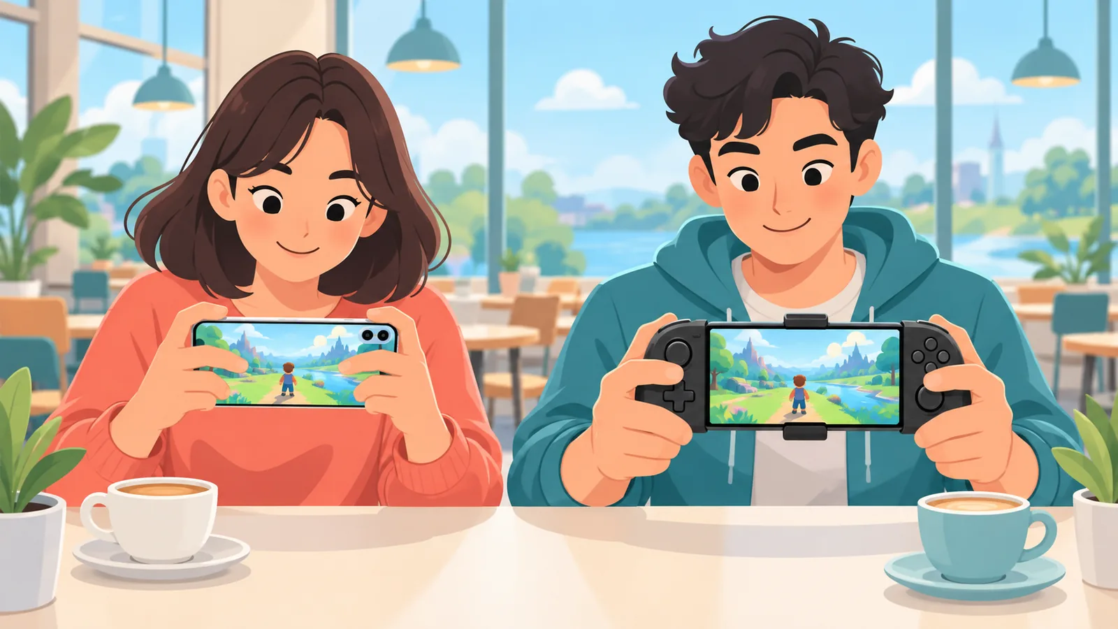 Dua orang bermain game di iPhone dengan kontrol sentuh dan controller