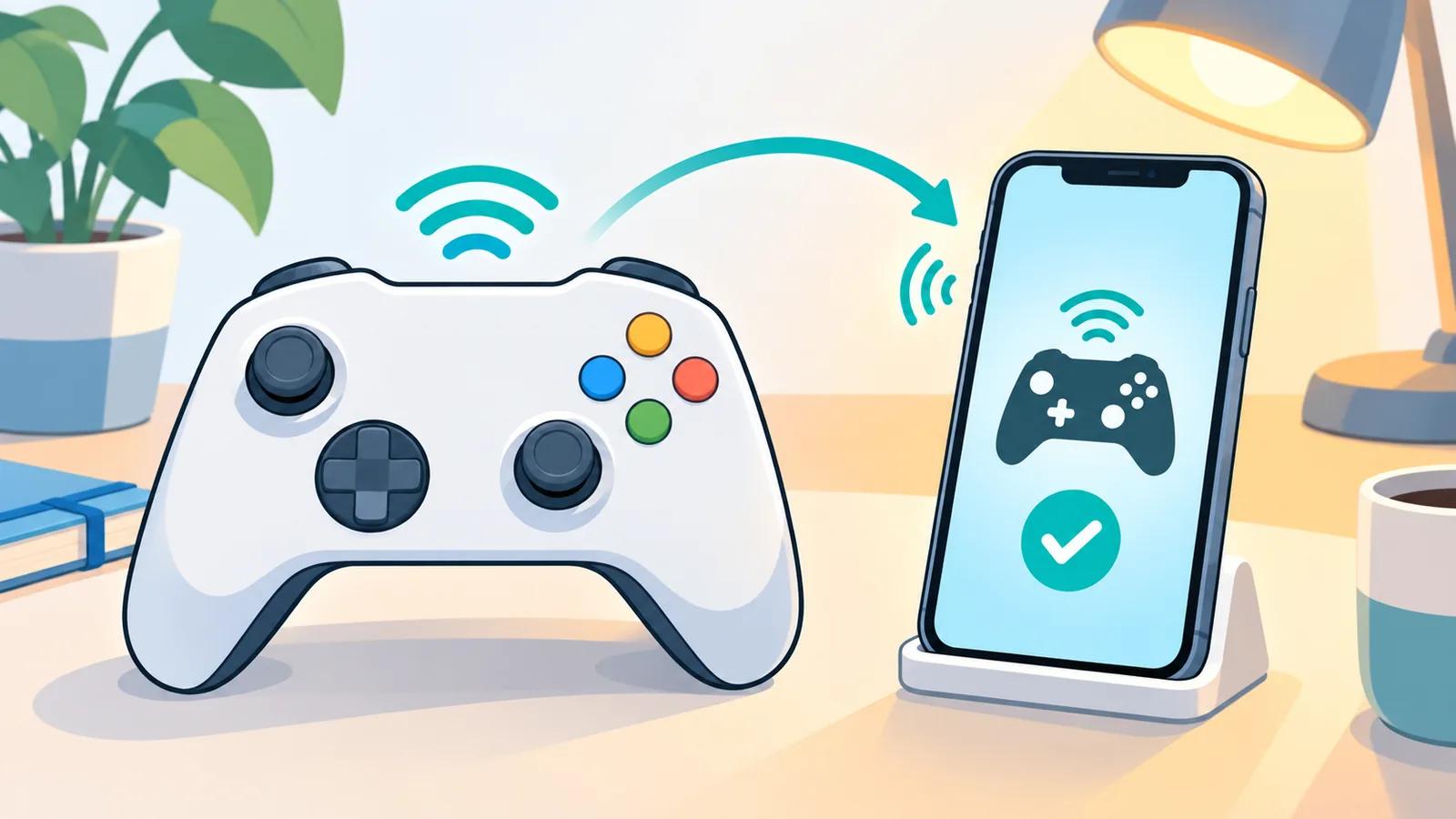 Controller Xbox di samping iPhone yang menampilkan layar Bluetooth