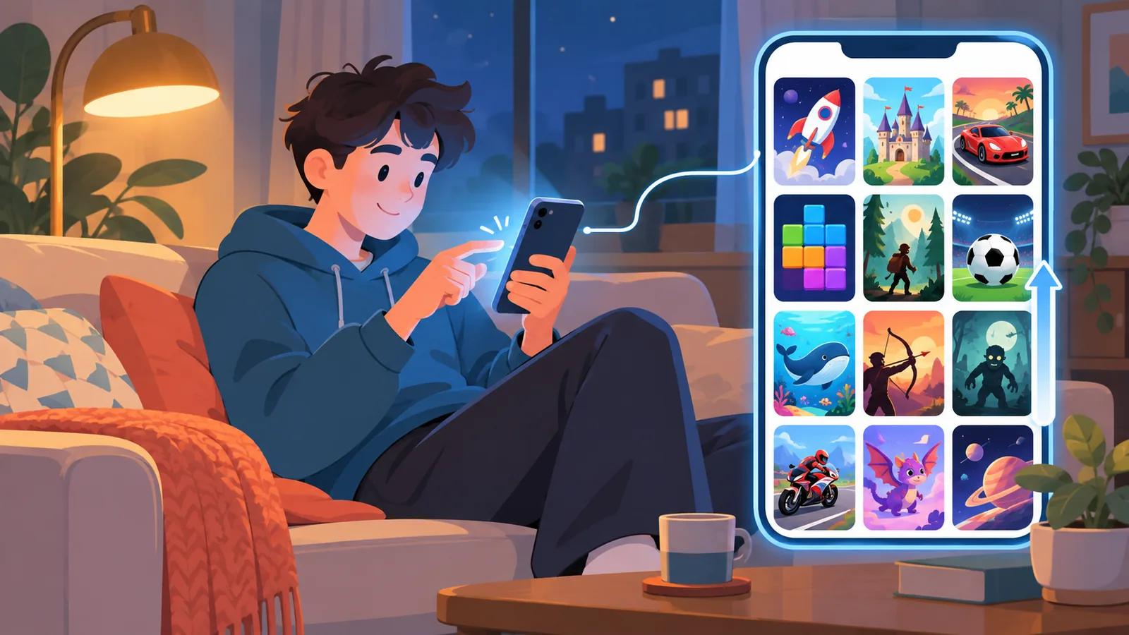 Seseorang menelusuri daftar game di iPhone sambil duduk di sofa