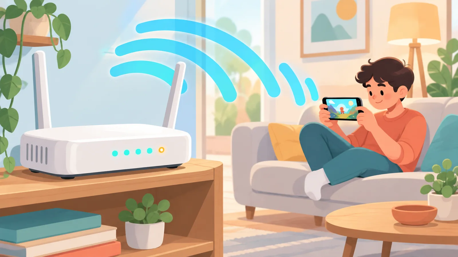 Router Wi-Fi menyala di ruang tamu dengan pemain game di latar belakang