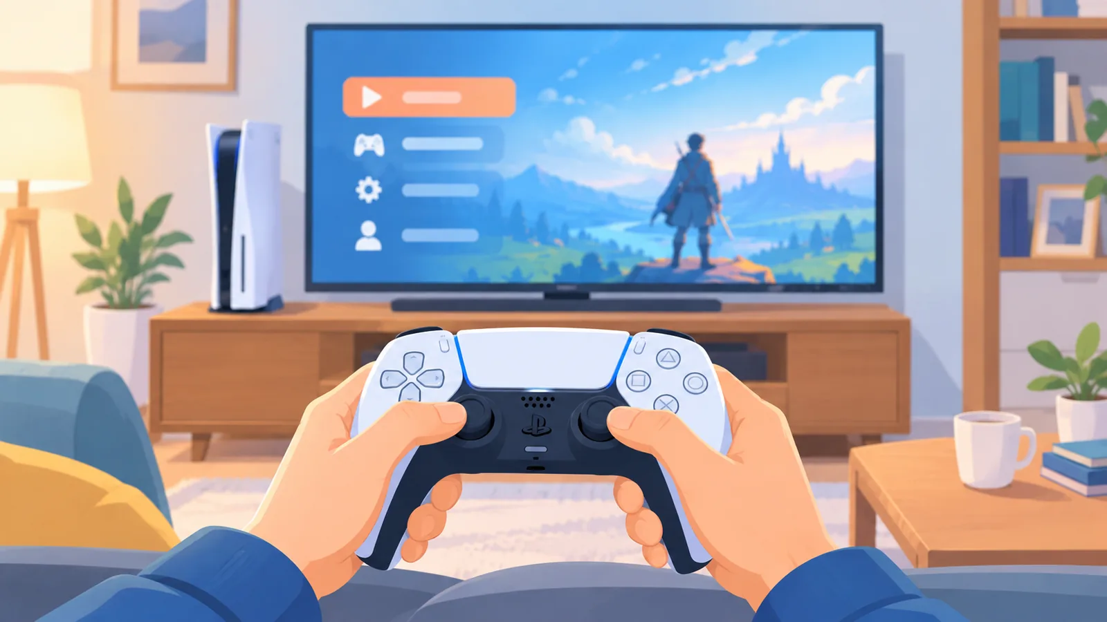 Tangan memegang stik DualSense dengan menu game di latar belakang