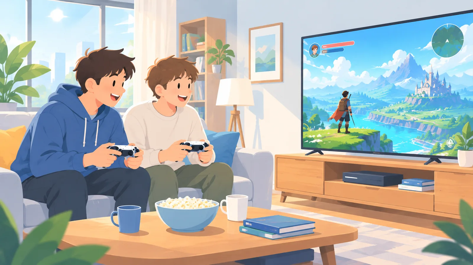 Dua teman bermain game co-op bersama di sofa