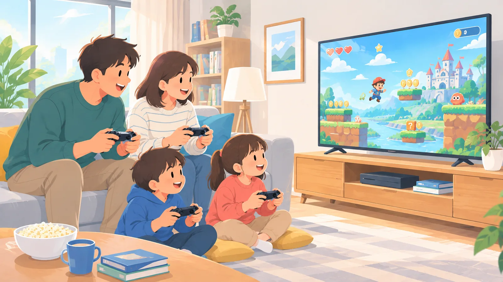 Keluarga bermain game platformer bersama di ruang tamu