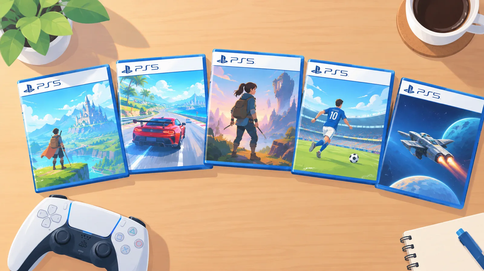 Beberapa kotak game PS5 berjajar di atas meja