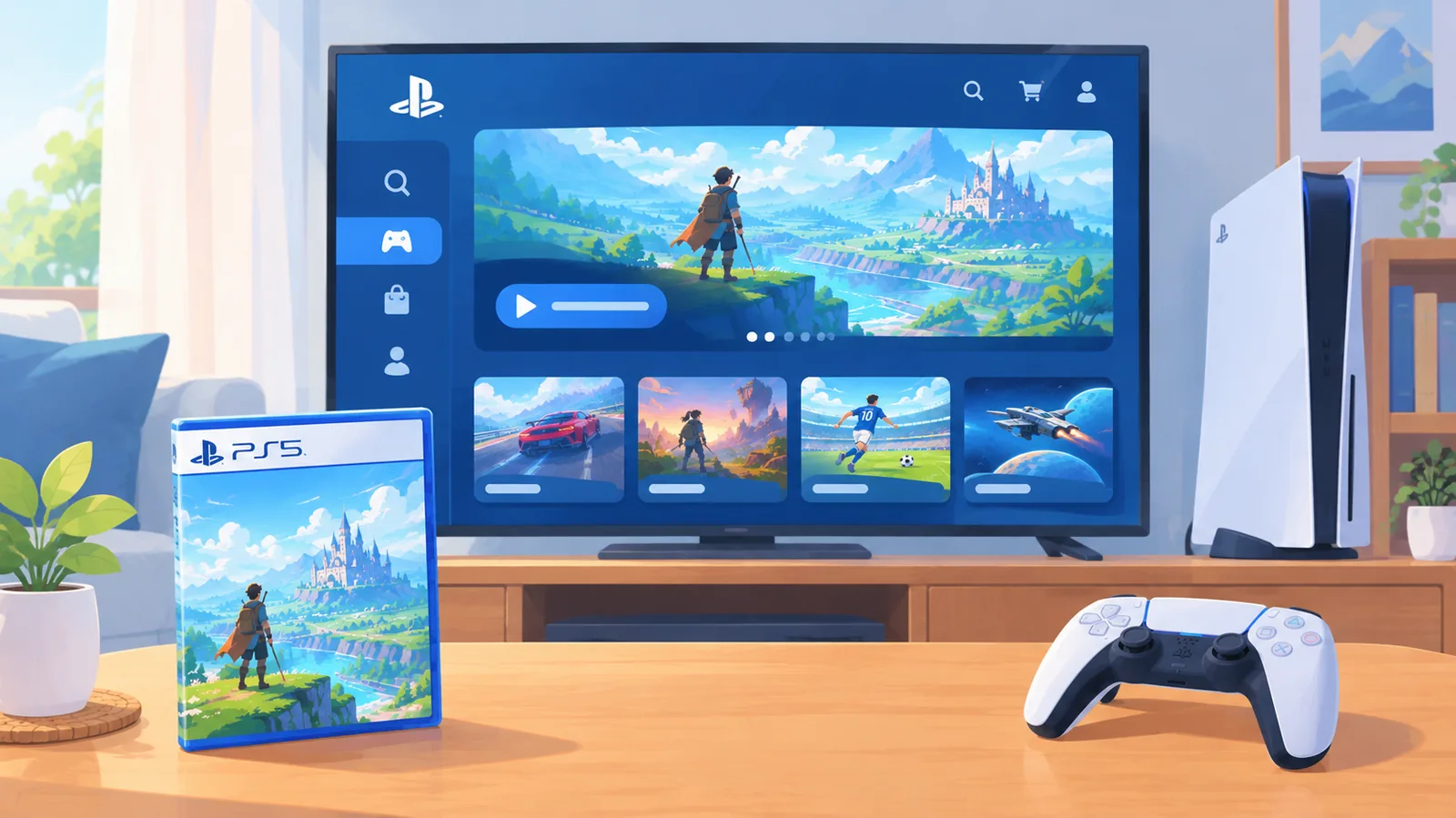 Halaman toko game digital di TV dengan kotak disk game di sampingnya