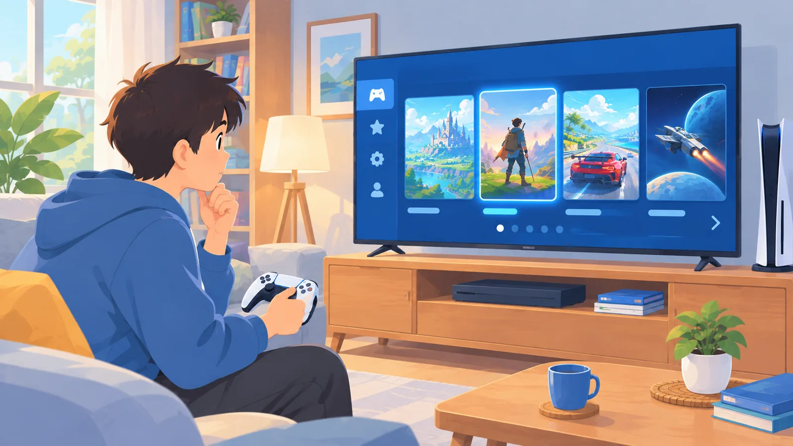 Pemain pemula menimbang pilihan game dengan ekspresi penasaran