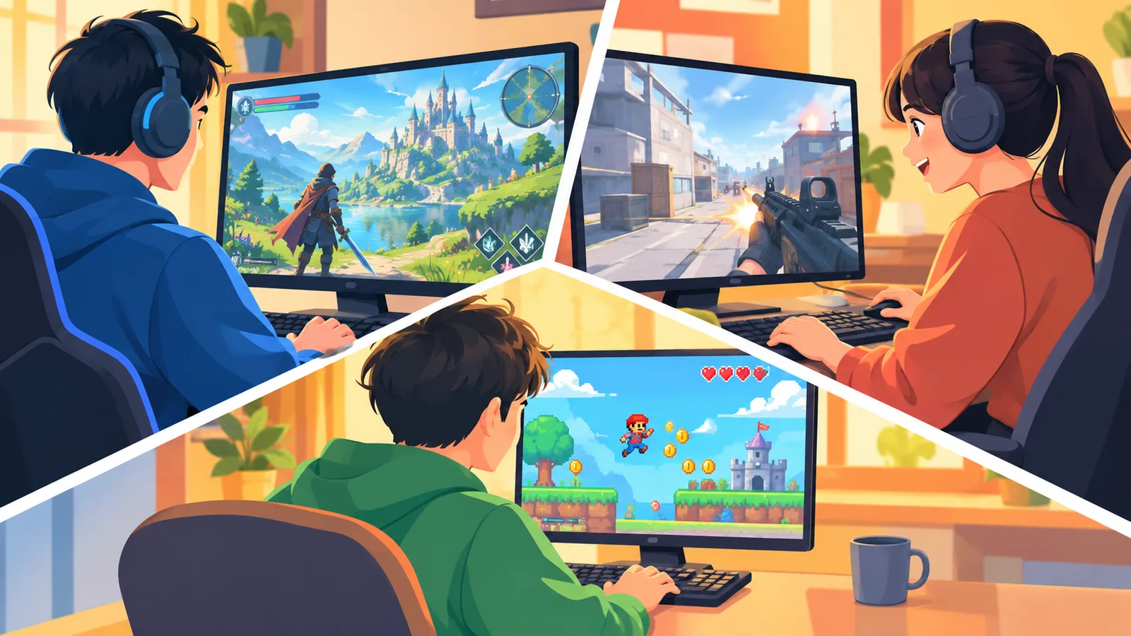 Kolase suasana bermain game dari beberapa genre berbeda