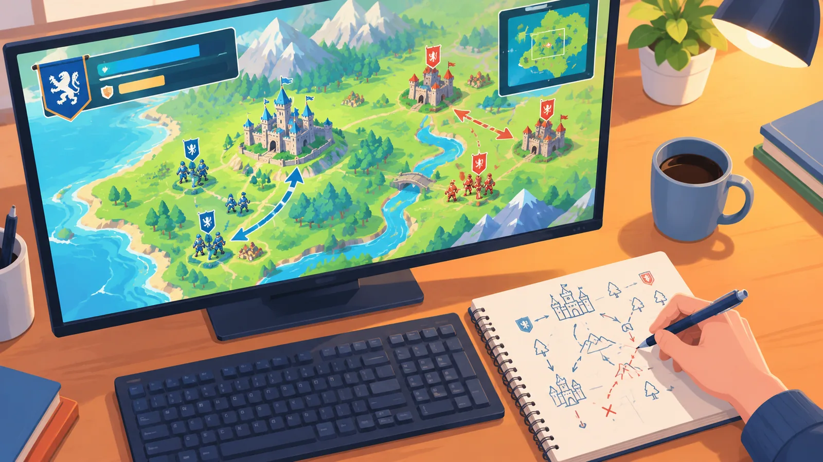 Layar peta strategi dengan catatan di samping keyboard