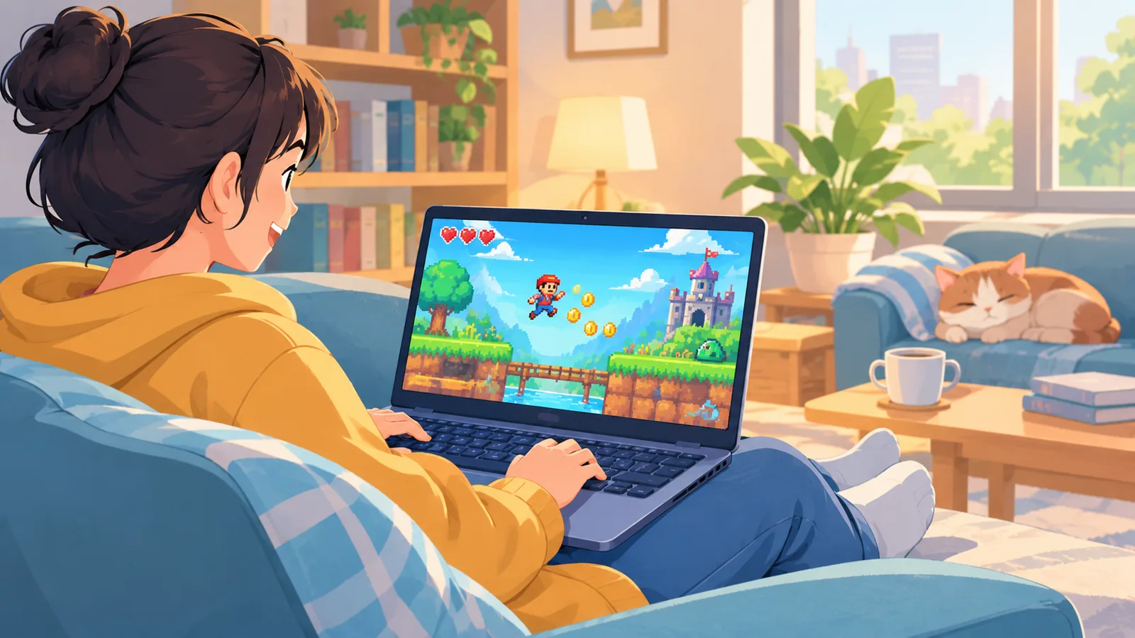 Sesi main santai di laptop dengan game pixel-art