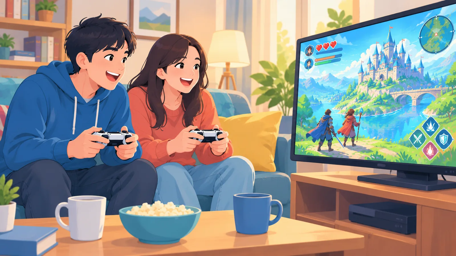 Dua teman bermain game bersama di sofa