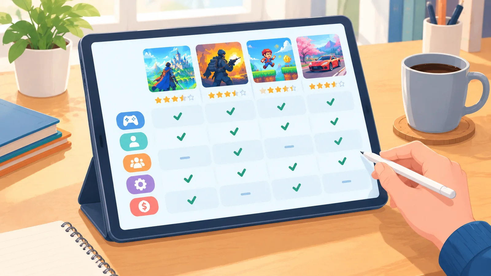 Tabel perbandingan game di layar tablet