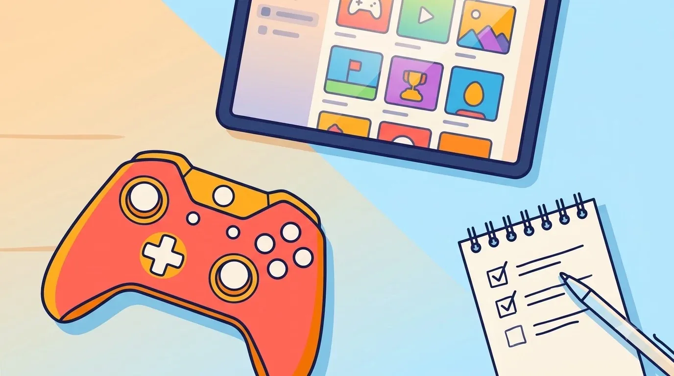 Controller game, tablet berisi daftar game, dan catatan di atas meja kayu