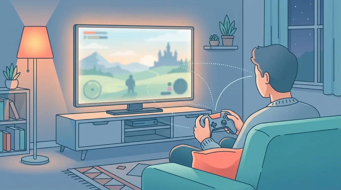 Pemain memainkan RPG dunia terbuka di TV dari sofa ruang tamu