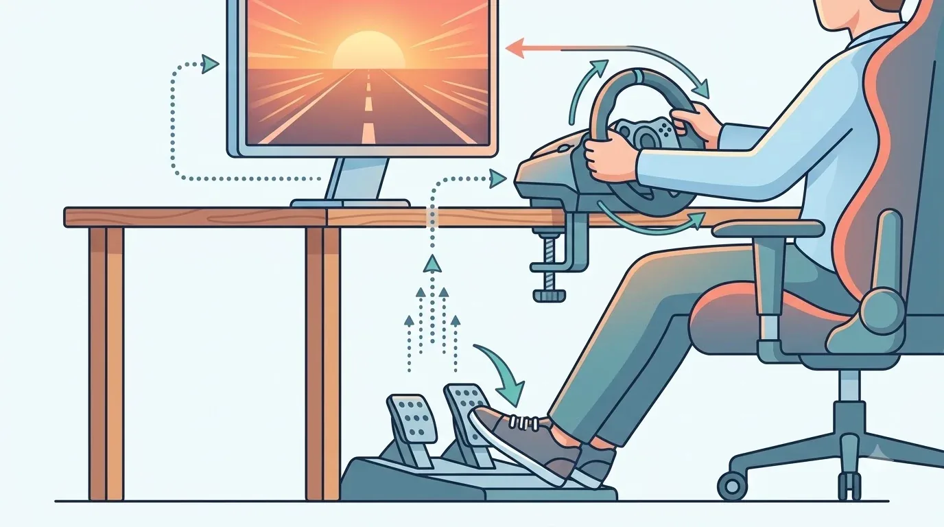 Setir balap dan pedal di depan monitor yang menampilkan jalan saat matahari terbenam