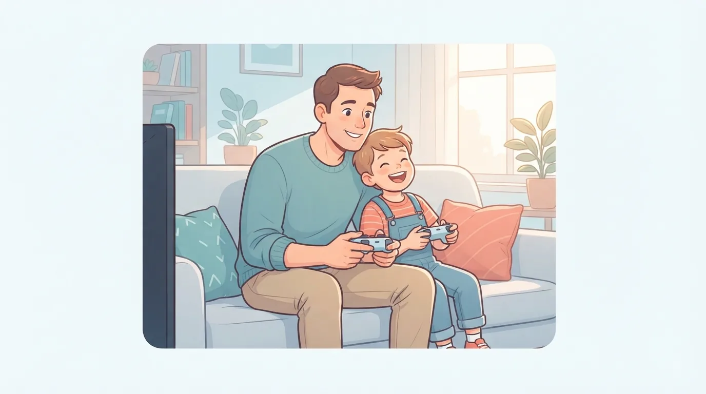 Orang tua dan anak bermain game bersama di sofa ruang tamu