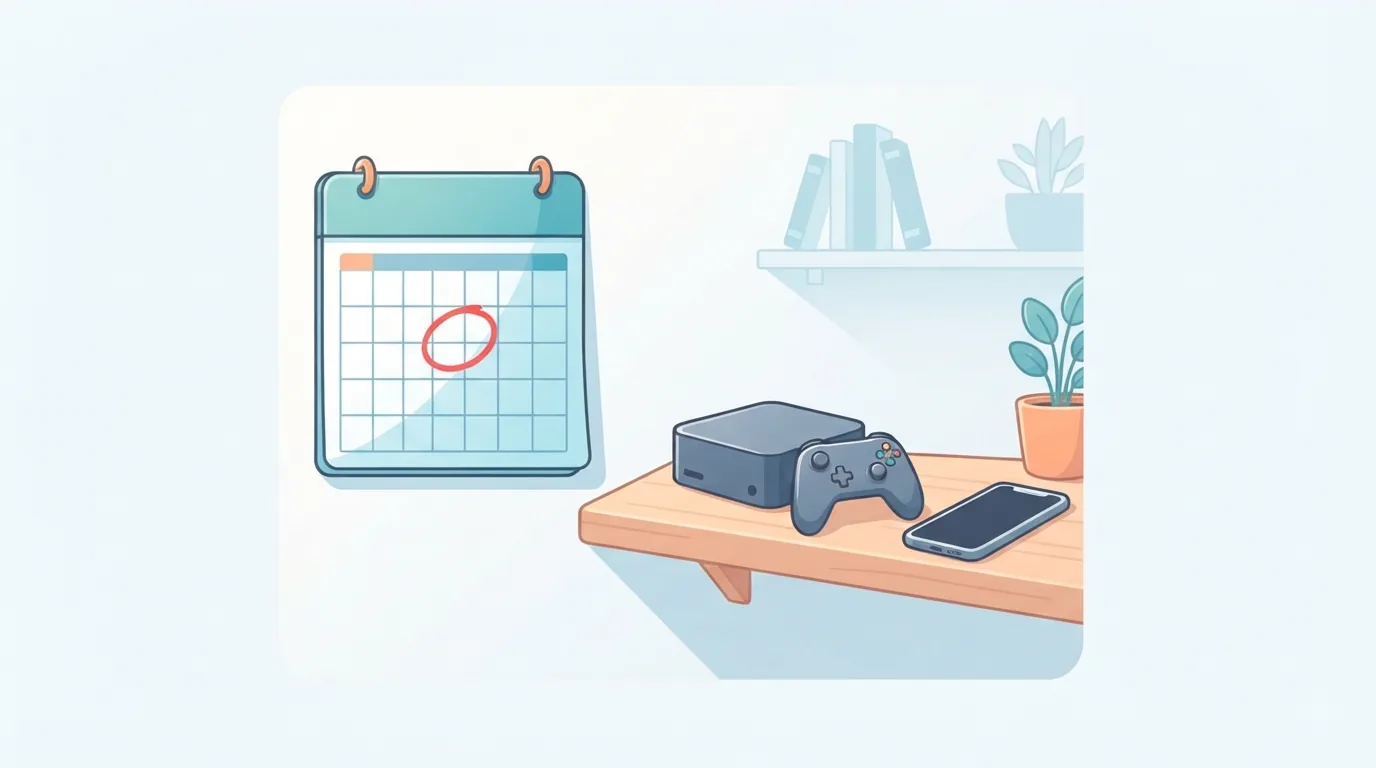 Kalender dengan tanggal dilingkari merah di samping konsol game