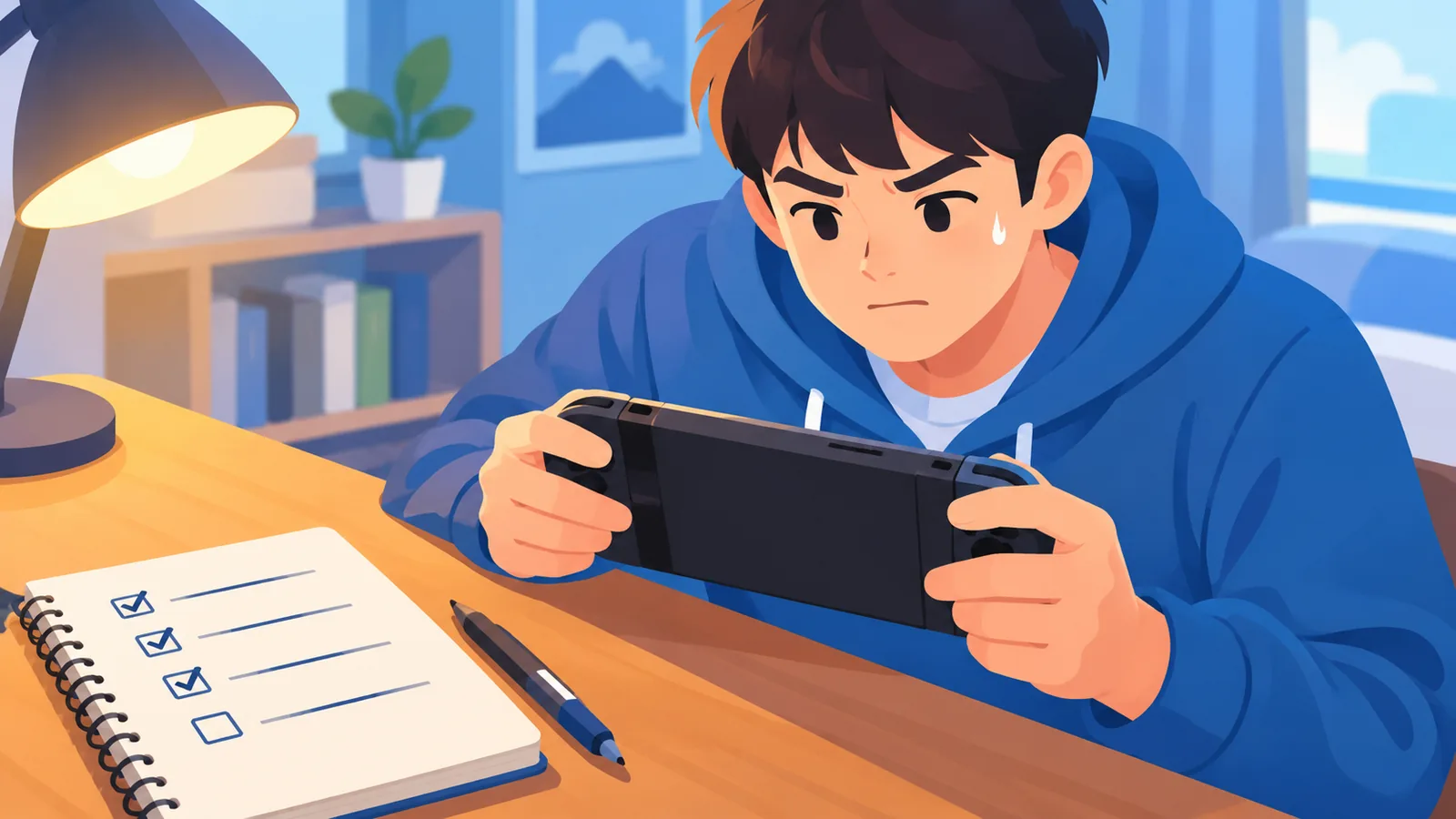 Pemain memegang konsol genggam sambil menyusun daftar kriteria memilih game