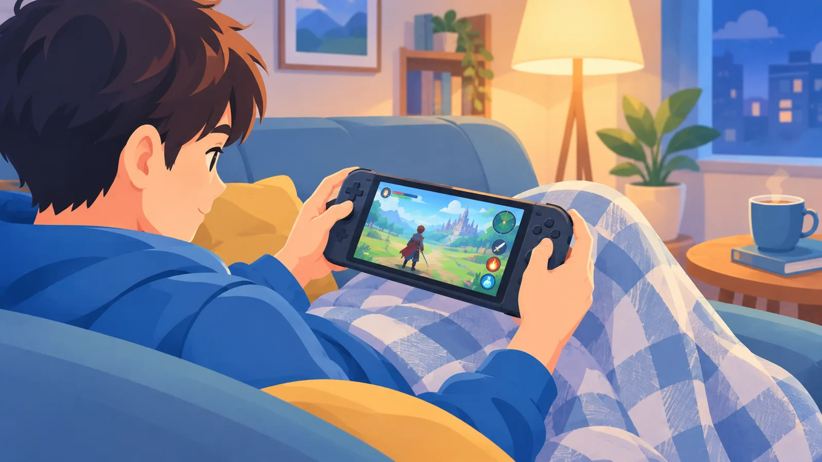 Pemain bermain game RPG di konsol genggam pada malam hari di sofa