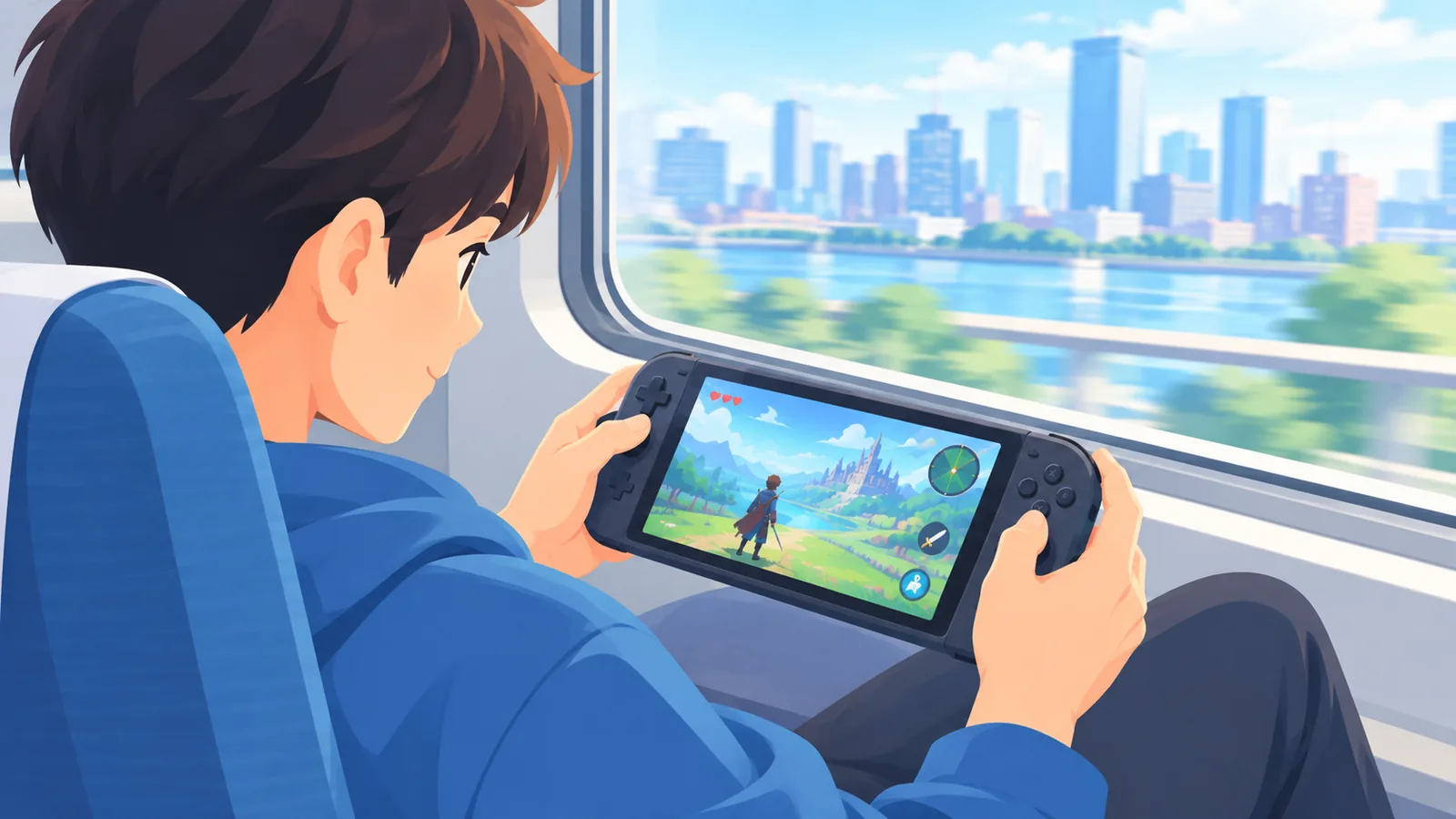 Penumpang kereta bermain game santai di konsol genggam