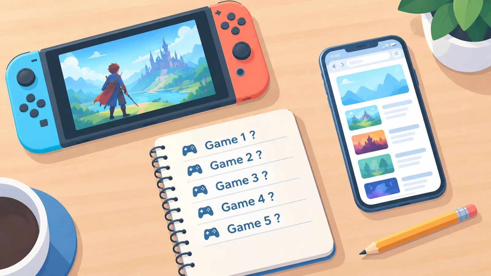 Catatan daftar game yang perlu dicek statusnya di samping konsol genggam