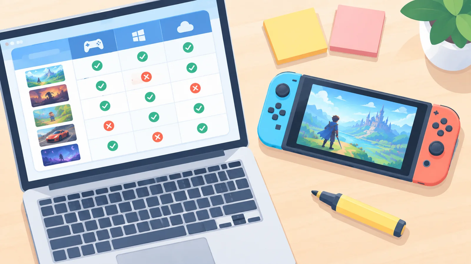 Meja kerja dengan tabel perbandingan game di laptop dan konsol genggam