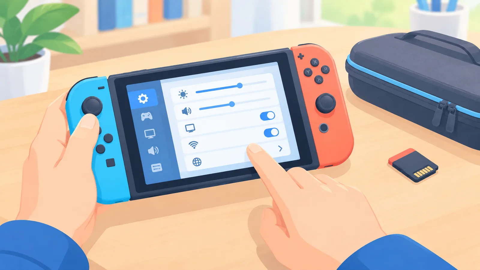 Tangan pemain mengatur pengaturan game di layar sentuh konsol genggam