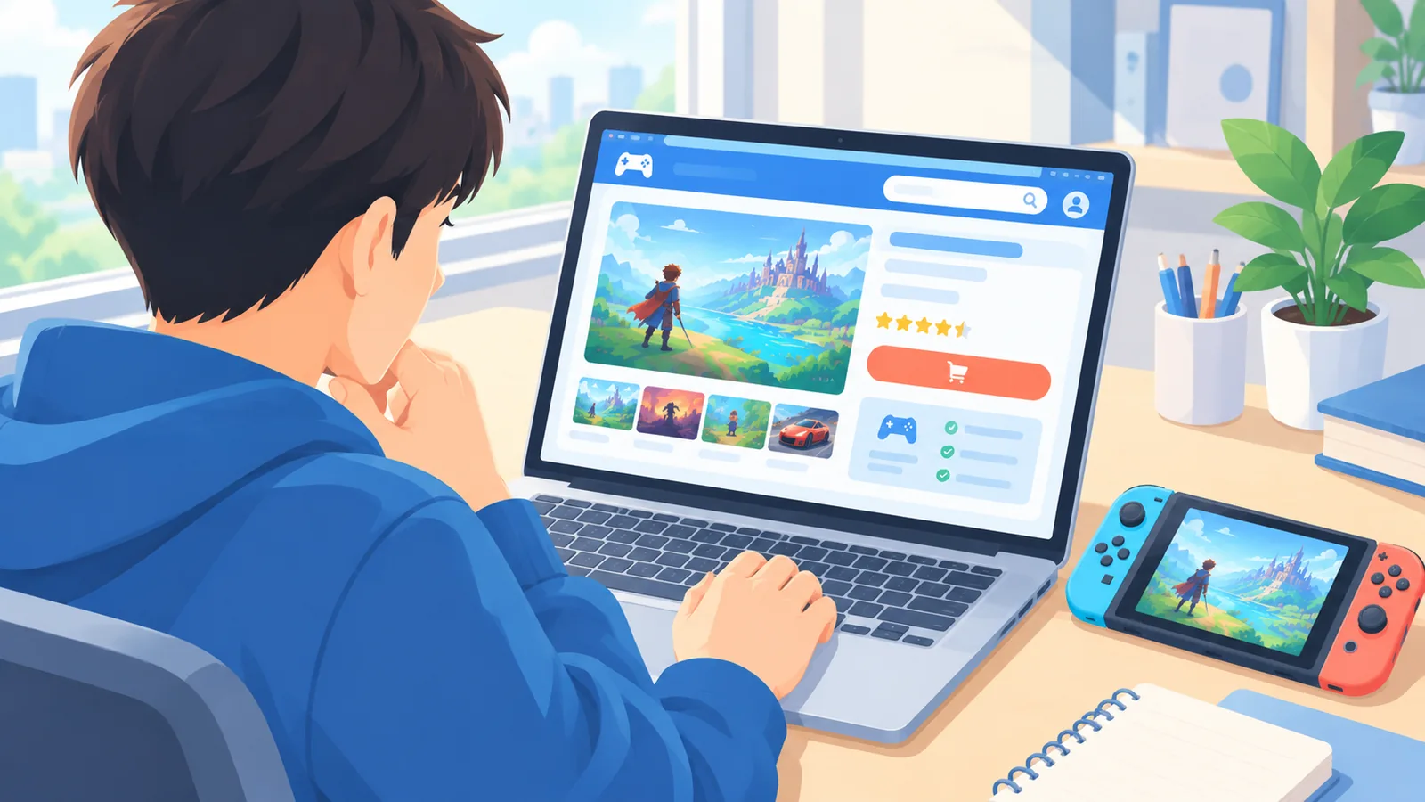 Pembeli memeriksa halaman toko game online sebelum membeli
