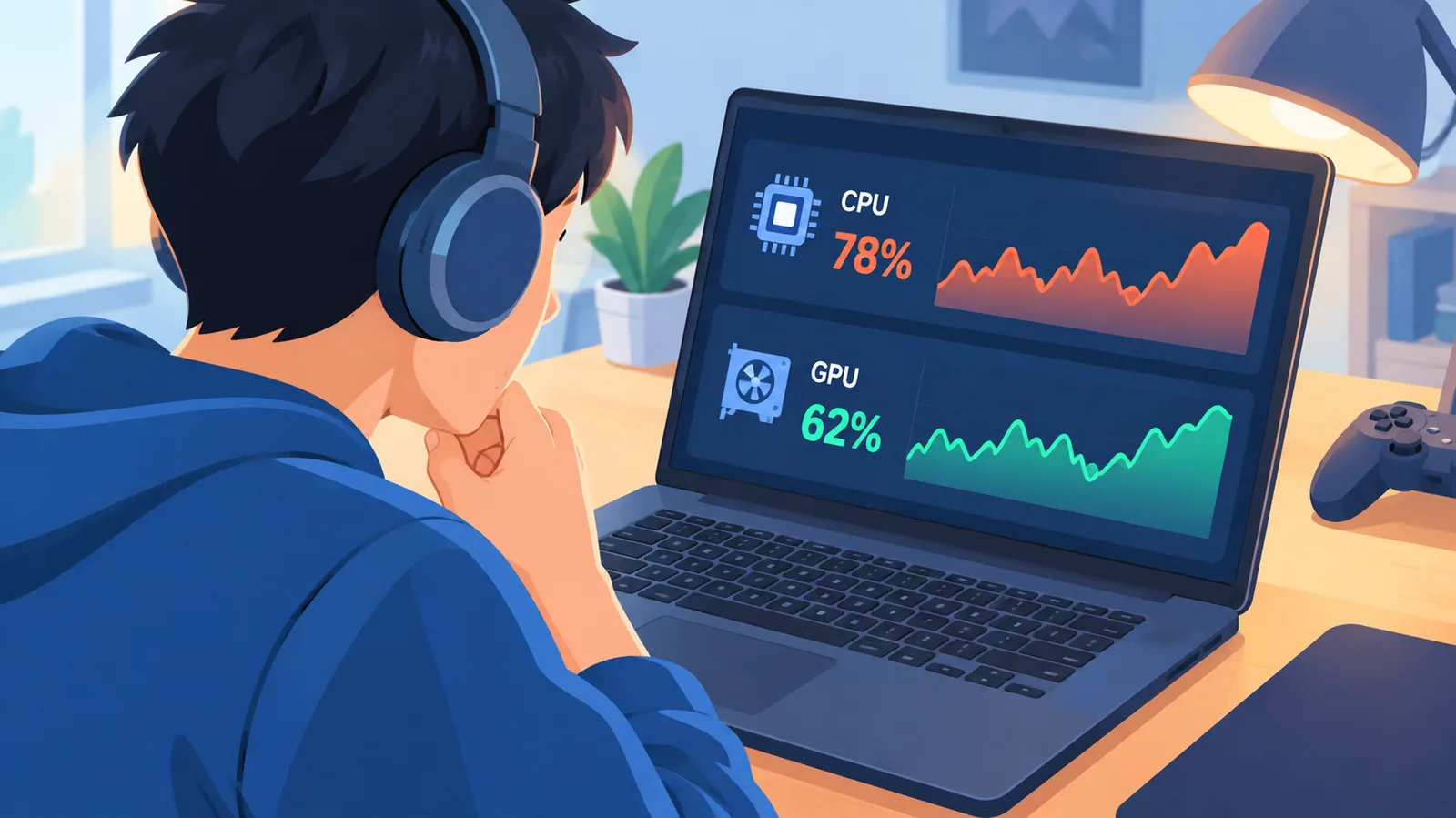 Gamer memeriksa grafik performa CPU dan GPU di laptop gaming